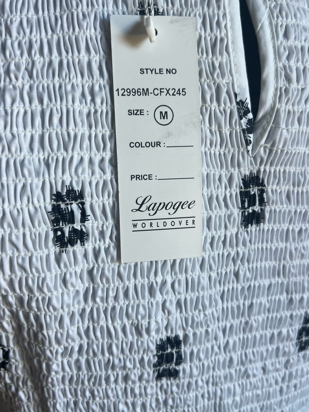 White Smocked Midi Dress with Black Embroidery and Tan Buckle Belt - Picture 5 of 6
